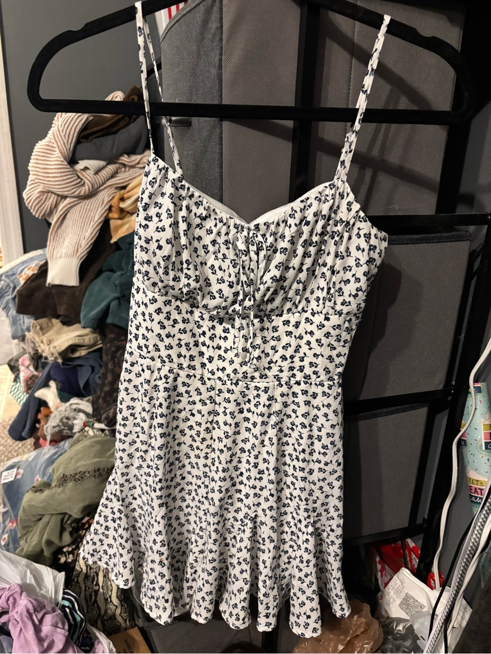 H&M White Mini Dress with Navy Floral Print XXS